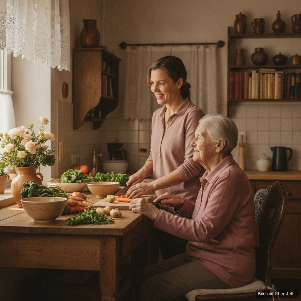 Betreuungskraft und Seniorin schneiden gemeinsam Gemüse in der Küche