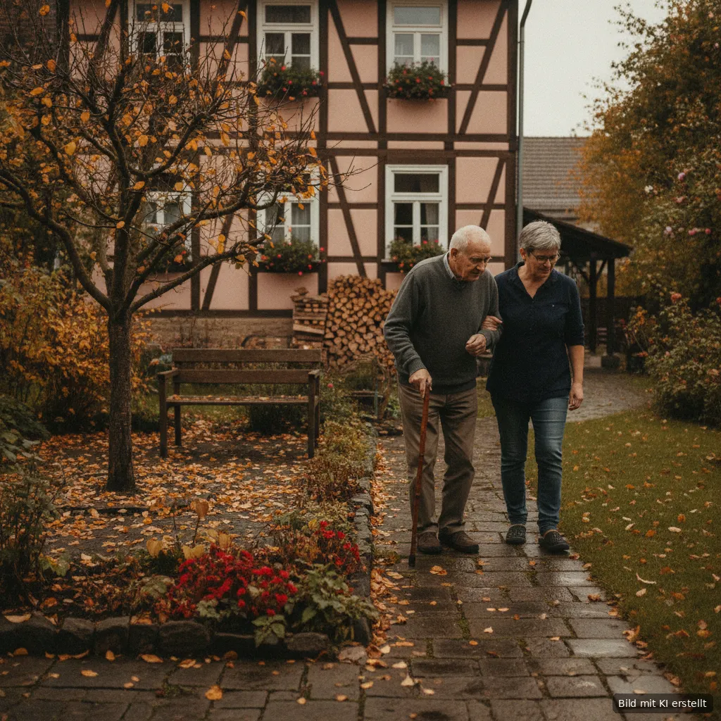 Älterer Herr mit Gehstock geht, von einer Betreuungskraft am Arm gestützt, durch einen herbstlichen Garten