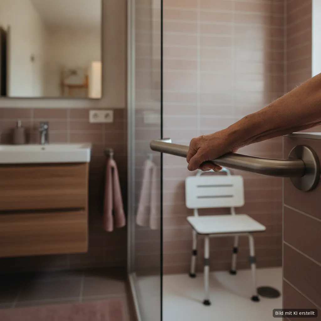 Hand hält einen Haltegriff aus Edelstahl neben einer Dusche mit Klappsitz