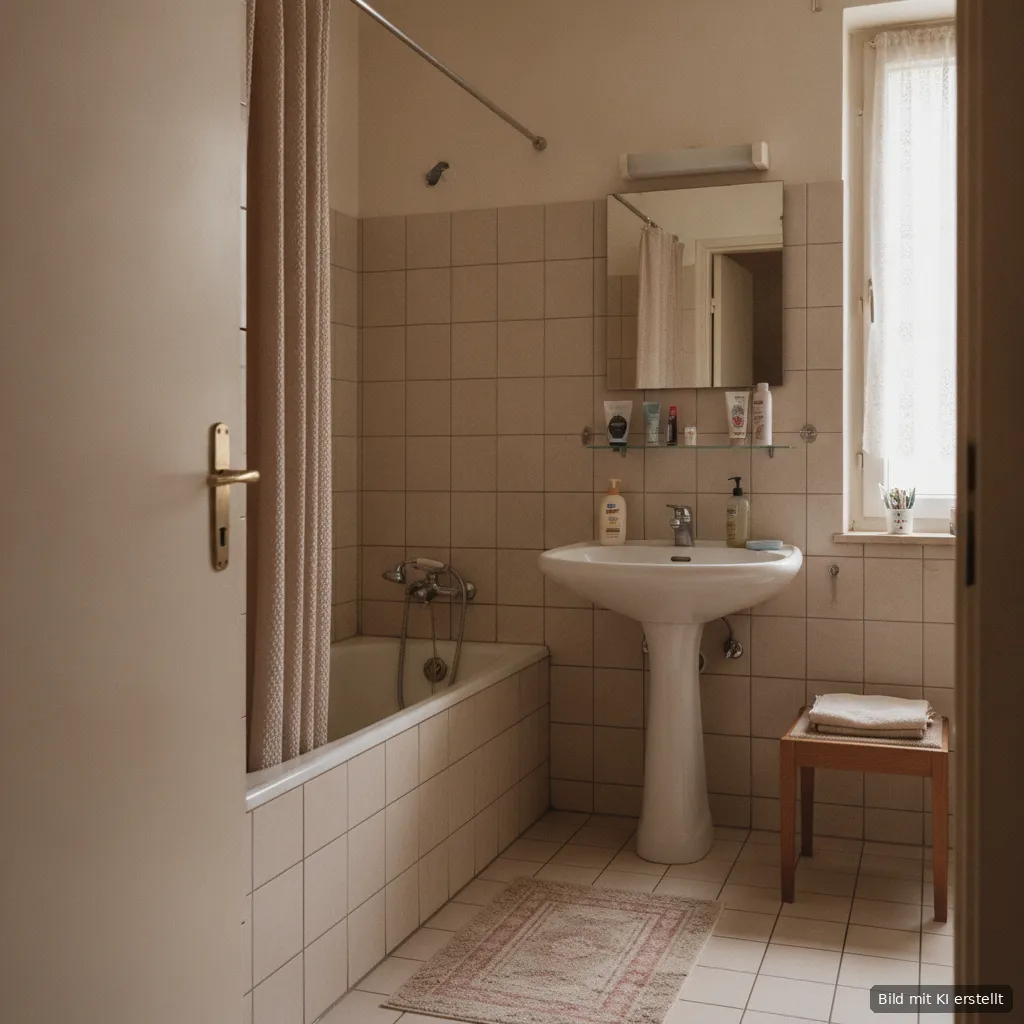 Älteres Badezimmer mit hoher Badewanne und Duschvorhang
