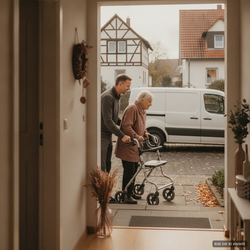 Fahrer begleitet eine Seniorin mit Rollator von der Haustür zum Fahrdienst-Wagen