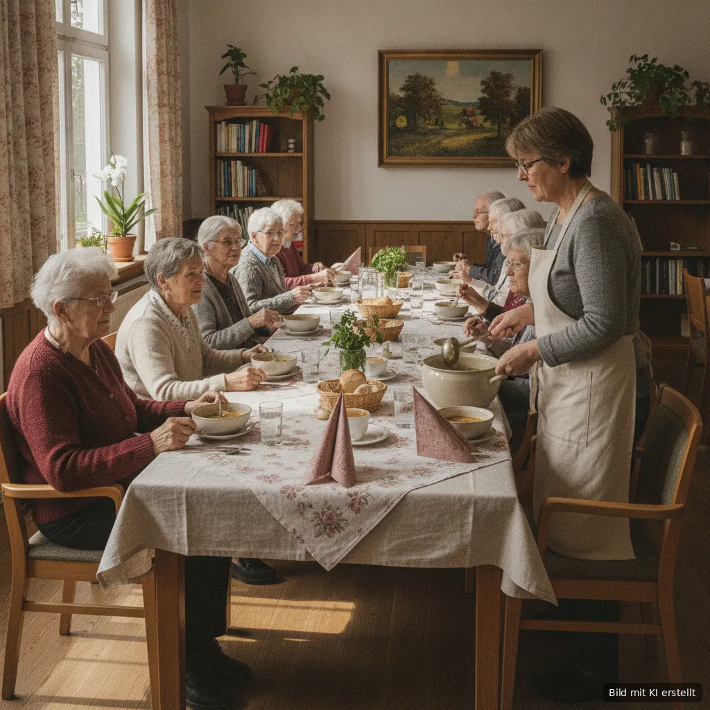 Seniorinnen und Senioren beim gemeinsamen Mittagessen an einer langen gedeckten Tafel