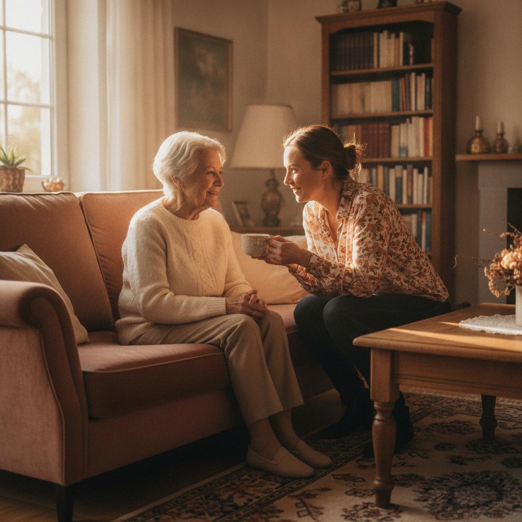 Protect pflegedienst — warme Atmosphaere, pflegende Angehoerige zu Hause
